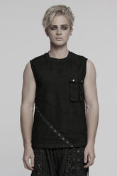 Black Round Collar Sleeveless Stitching Mesh Ripped Men's Punk Vest